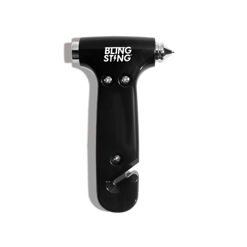 BLINGSTING Safety Hammer window breaker in action for rapid glass escape.