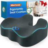 BlissTrends seat cushion with ergonomic design supports thighs and hips during long work sessions.