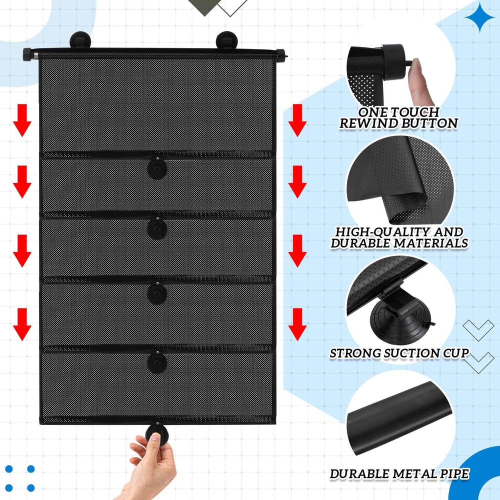 Blosssound retractable window shade mounted with enlarged suction cups for a secure fit.
