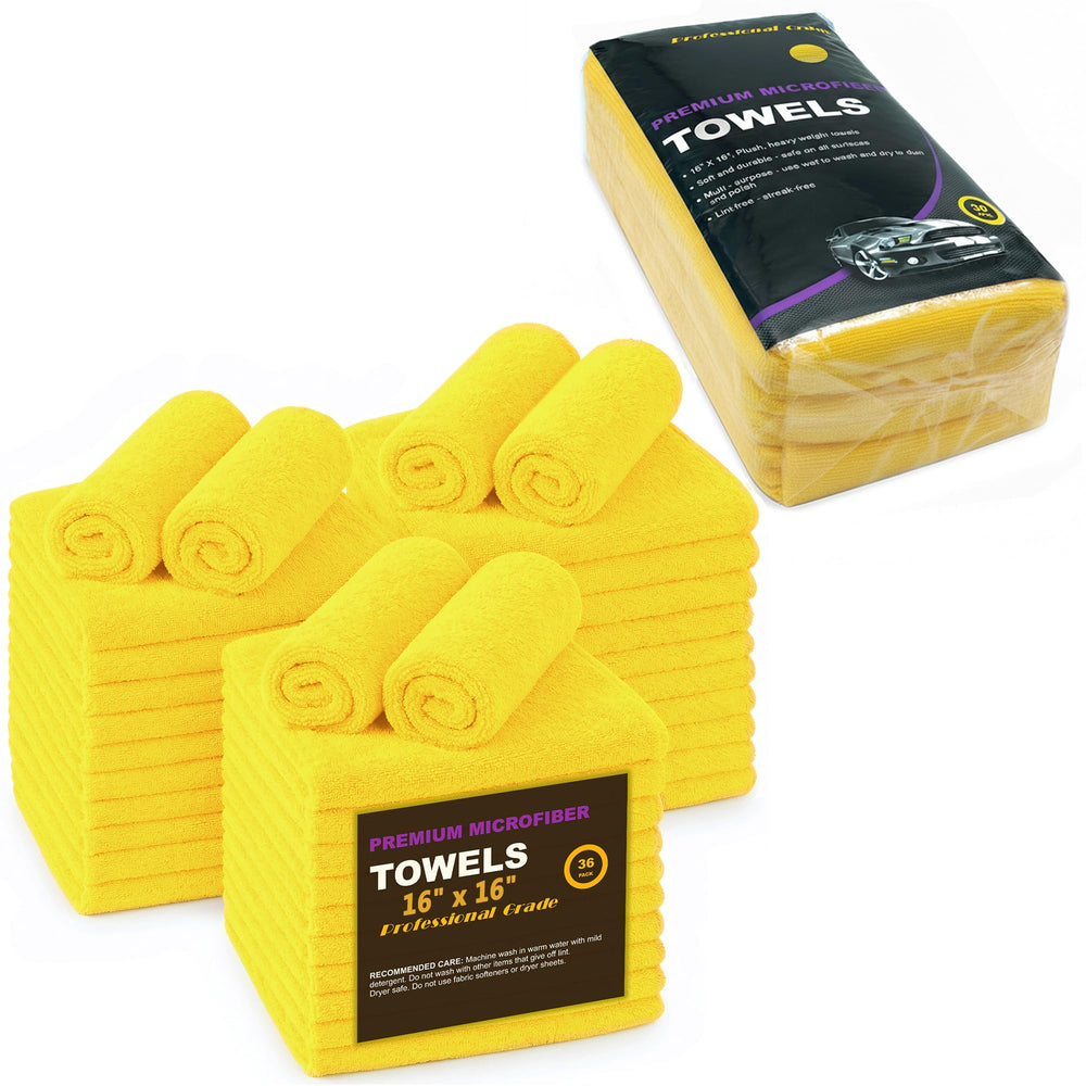 Blue Horizon yellow microfiber towel 36-pack for versatile cleaning tasks and detailing.