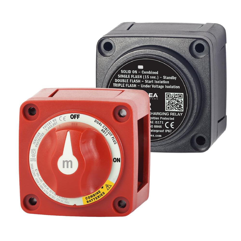 Blue Sea Systems mini add-a-battery kit relay closeup showcasing automatic charging for efficiency