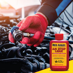 BlueDevil Red Angel A/C seal close-up showing leak repair action