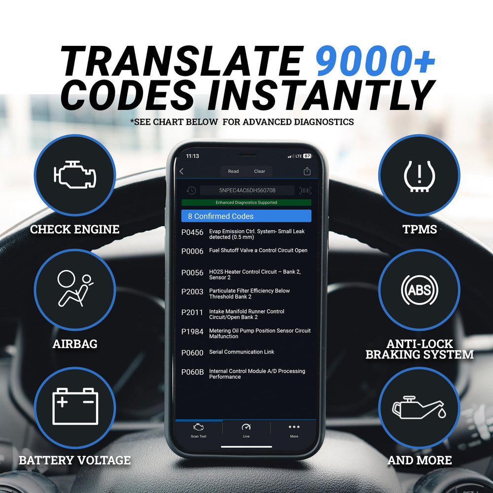 BlueDriver screen displaying diagnostic codes and engine data
