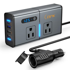 BMK 200W 7-in-1 car inverter front view with dual AC outlets for charging.