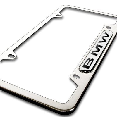BMW license plate frame side view highlighting sleek stainless construction and fit