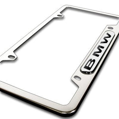 BMW license plate frame side view highlighting sleek stainless construction and fit
