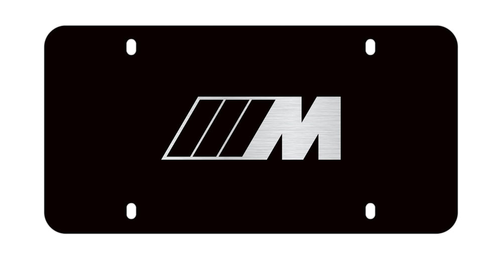 BMW M logo marque plate in stainless steel with black finish, enhances door sill style and protection.