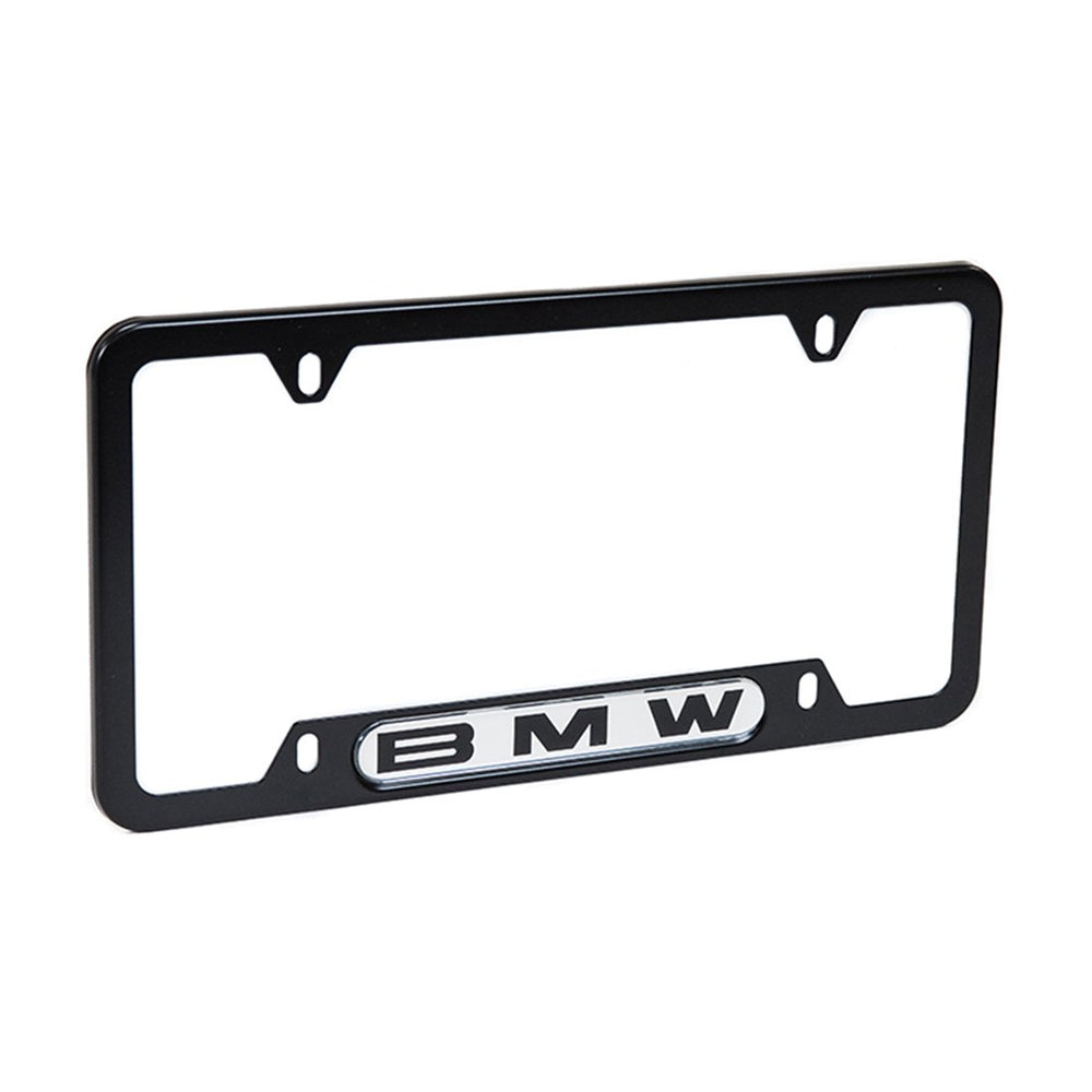 BMW license plate frame in black showcasing OEM quality and corrosion-resistant stainless steel.