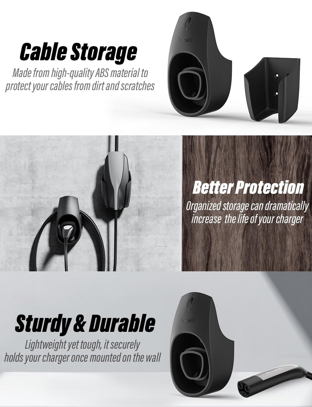 BMZX EV Charger Holder with the charger-slot UMC bracket reduces wear on adapters.