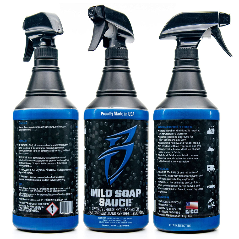 Bling Sauce vinyl cleaner spray shown for marine interiors.
