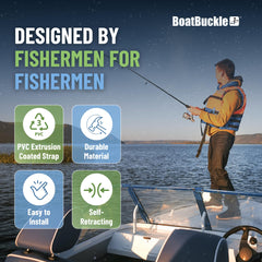 BoatBuckle rod holder mounted on gunwale keeps gear organized and ready.