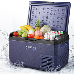 BODEGACOOLER 12V car fridge front view, space-saving cooling for road trips
