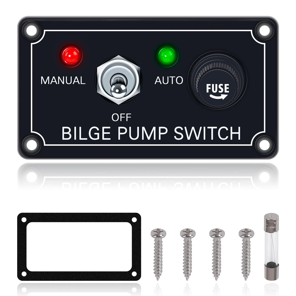 Boeray bilge pump switch panel front view showing compact marine design and fuse protection