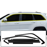 BOGAR TECH DESIGNS chrome delete overlay on Jeep Grand Cherokee side windows for gloss black premium look.