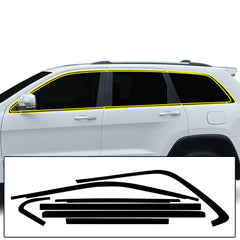 BOGAR TECH DESIGNS chrome delete overlay on Jeep Grand Cherokee side windows for gloss black premium look.
