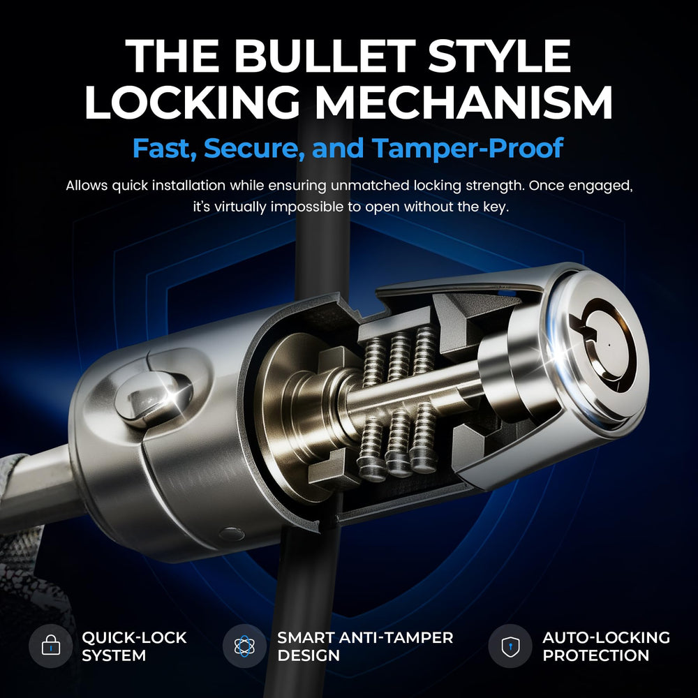 Boildut bullet-lock system with steel cable secures mirrors.