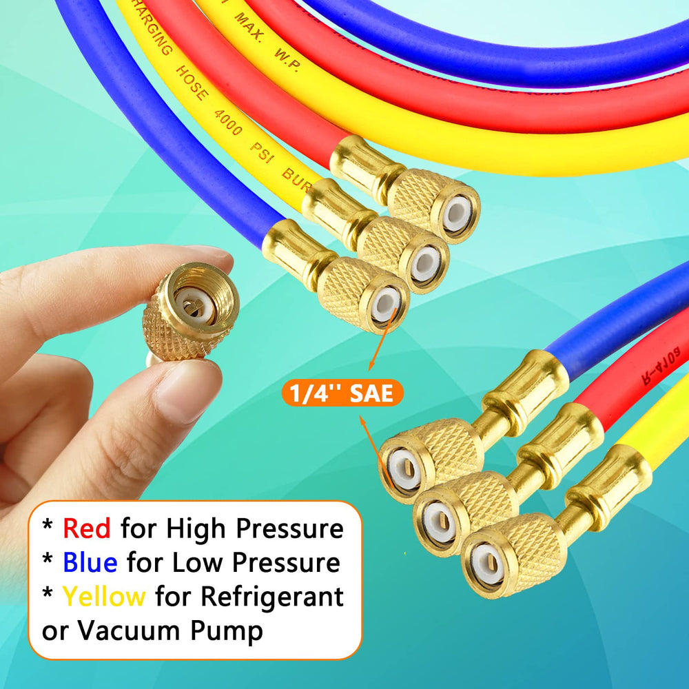 Boltigen AC manifold hose yellow charging line ideal for topping off refrigerant.