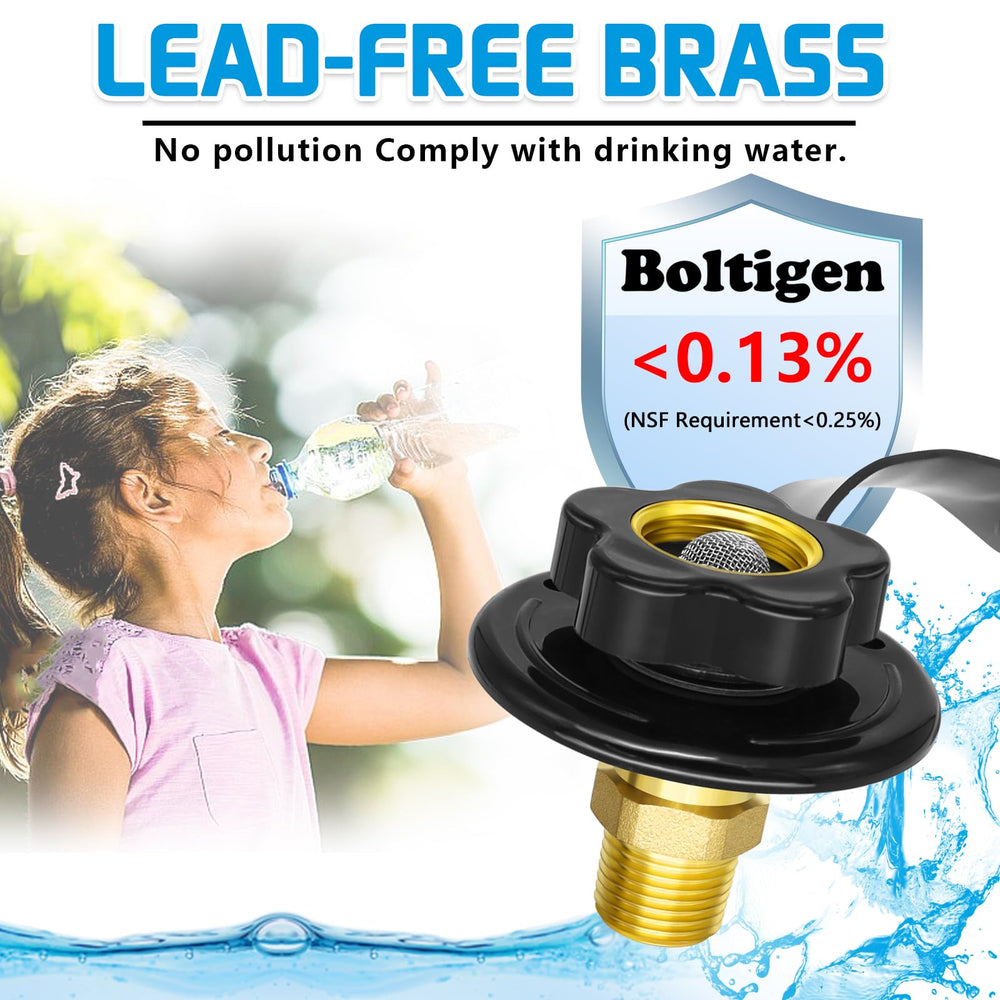 Boltigen brass body inlet emphasizes lead-free construction and durability.