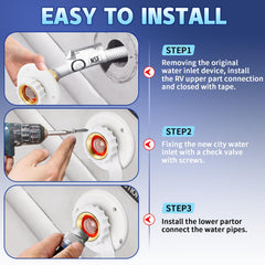 Boltigen easy-grip knob aids quick hose attachment for smooth RV water fills.
