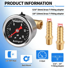 Boltigen gauge body side view highlighting durable stainless steel housing.