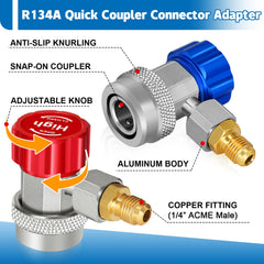 Boltigen R134a to R1234YF adapters close-up in brass and aluminum materials