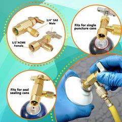 Boltigen refrigerant tank adapters 1/2 to 1/4 flexible charging options.