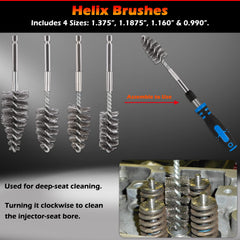 Bonbo helix brush for injector seats demonstrating cleaning action on injector-seat surfaces.