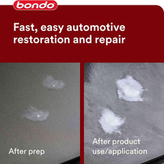 Bondo Glazing & Spot Putty applying on metal shows pinhole and scratch repair potential.