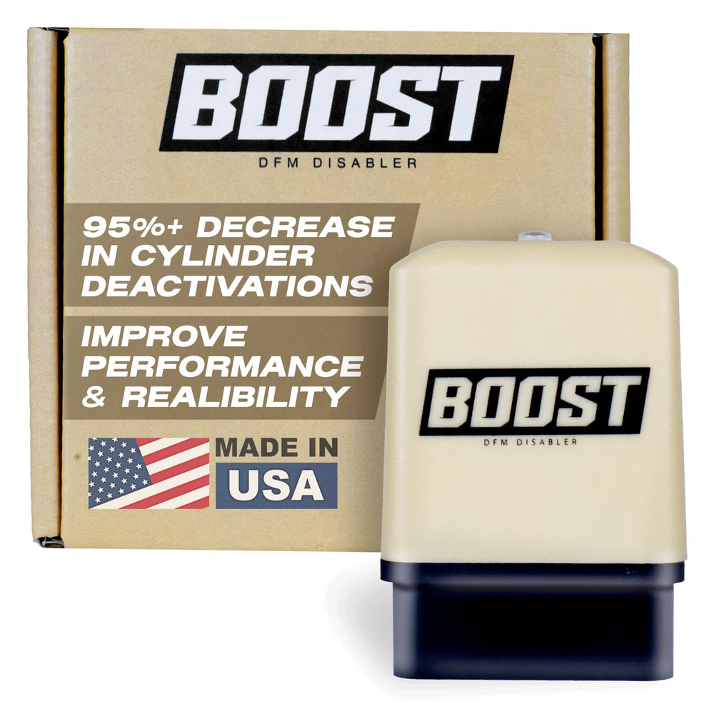 Boost DFM Disabler connected to the OBD port for easy plug-and-play installation and reliability.