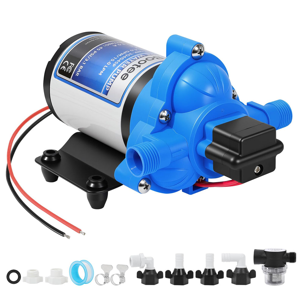 Bootee 12V RV water pump top view shows compact mounting for RVs.