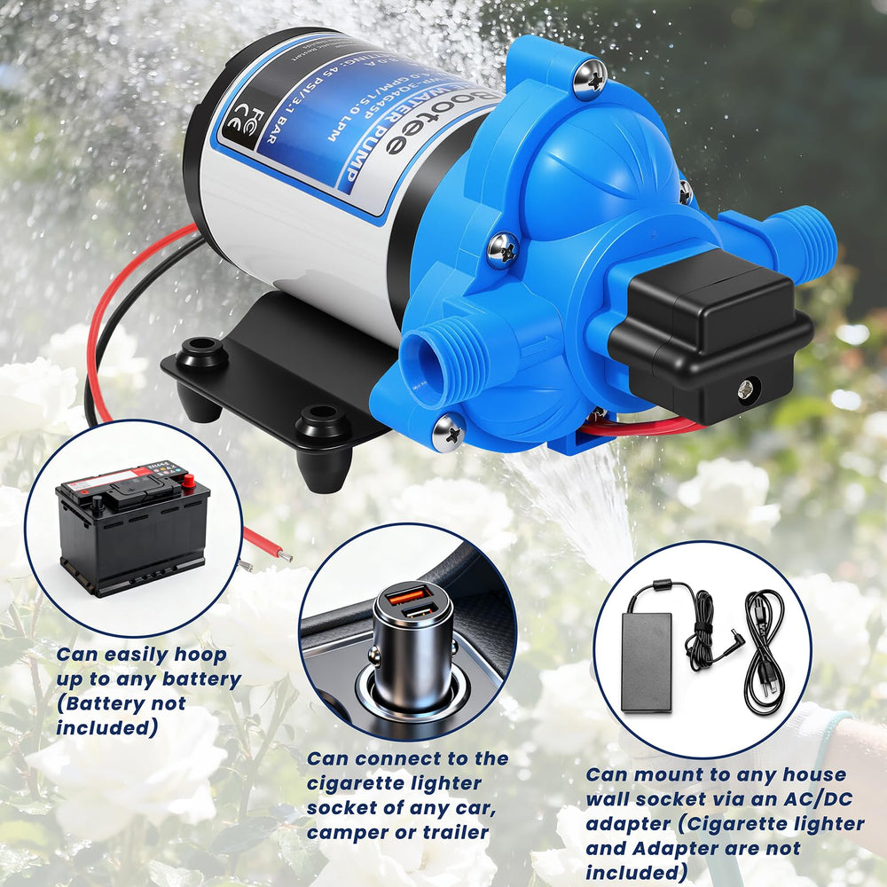 Bootee 12V water pump quiet base reduces vibration.