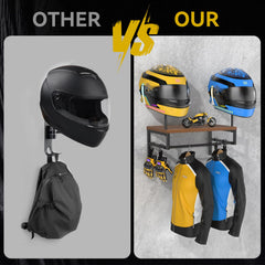 BORISI helmet holder wall mount shows wood and iron construction for durability and style.