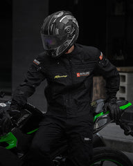 BORLENI motorcycle jacket back view highlights reflective back strip for night visibility.