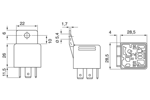 Bosch 0332019155 mini relay side view with bracket enables easy mounting