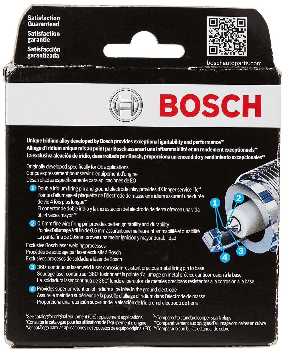 Bosch 9619 OE spark plugs in box demonstrates easy installation and corrosion resistance