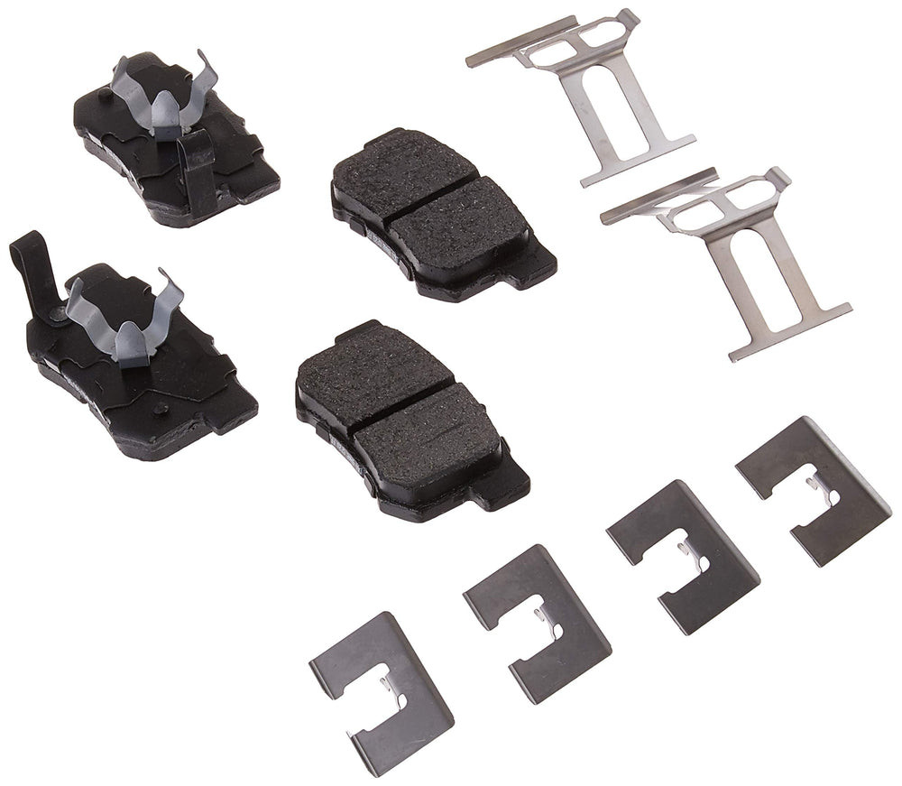 Bosch BE1086H blue ceramic brake pads rear view with hardware for easy installation.