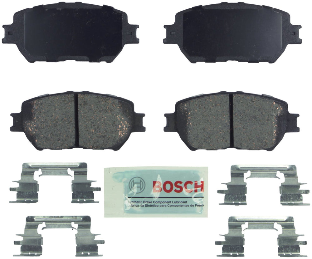 Bosch BE908H front brake pads with hardware for quiet stops and easy installation.