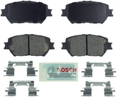 Bosch BE908H front brake pads with hardware for quiet stops and easy installation.