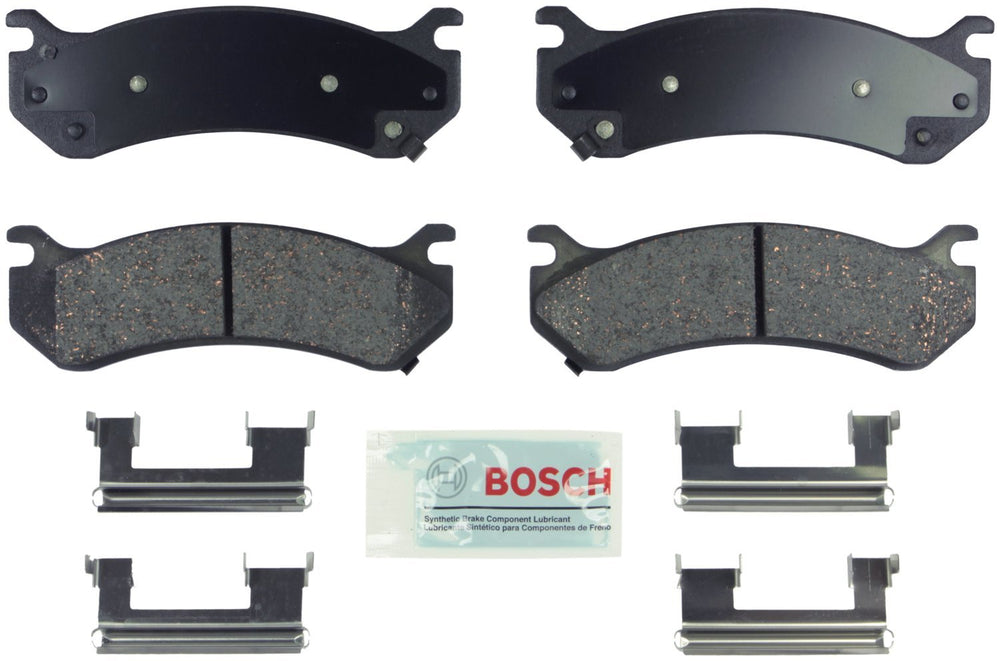 Bosch Blue ceramic disc brake pads with hardware, front view; designed for quieter stops.