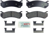 Bosch Blue ceramic disc brake pads with hardware, front view; designed for quieter stops.
