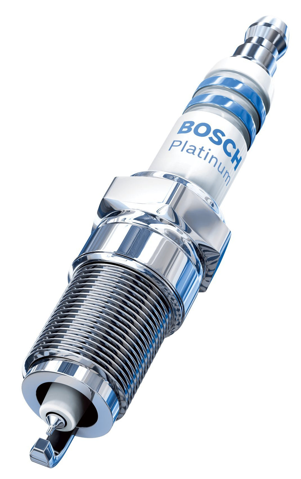 Bosch OE fine wire platinum spark plug close-up highlighting precision design for ignition