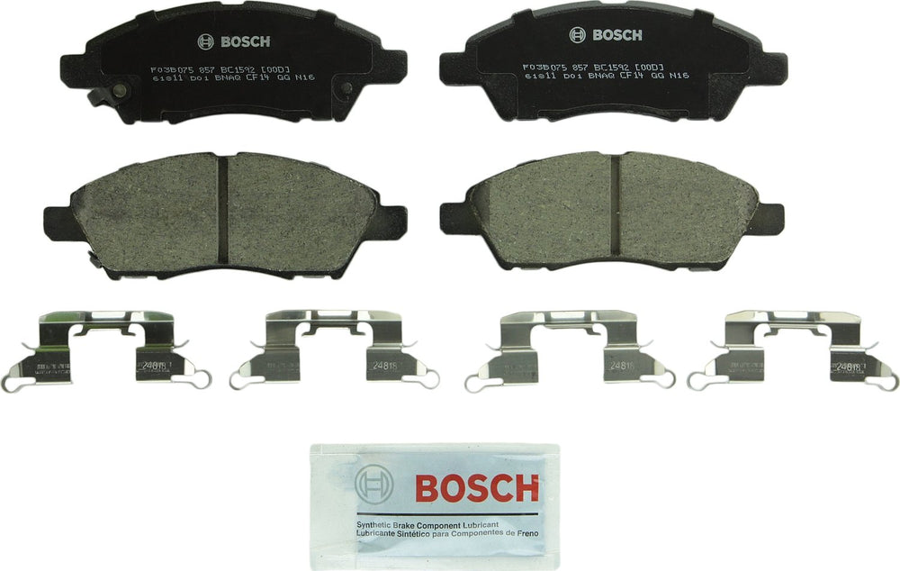 Bosch QuietCast BC1592 front brake pads with pre-attached shims for quiet stopping.