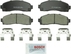 Bosch QuietCast front brake pads with ceramic friction for quiet stopping and reduced dust.