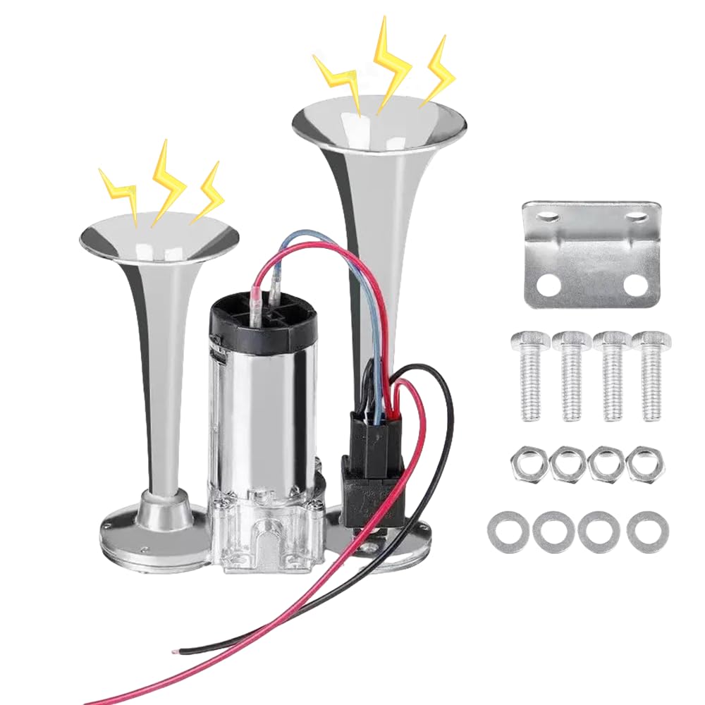 BOTAOSS 12V air horn dual trumpets enhance vehicle audibility for safer signaling.