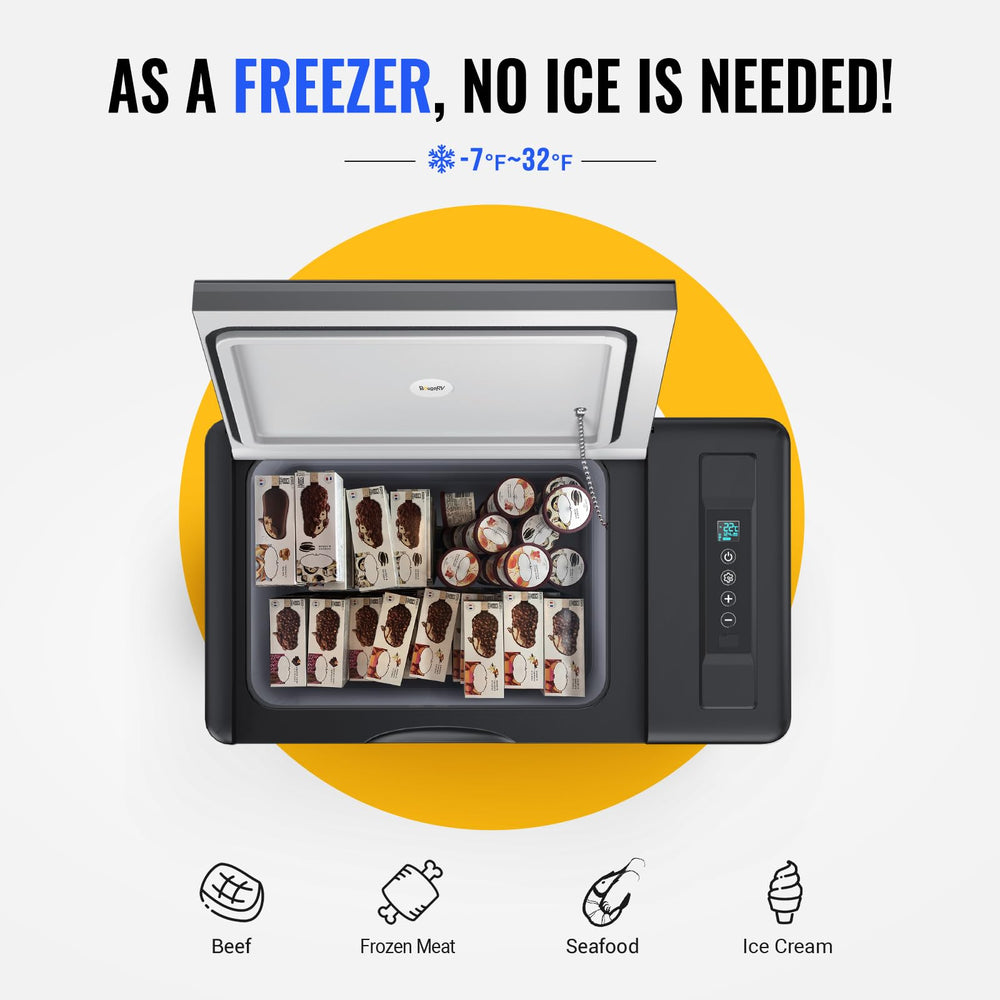 BougeRV CR22 refrigerator side view highlighting portable design for vehicles