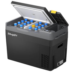 BougeRV CRPRO 30-quart fridge front view highlighting compact outdoor cooling.