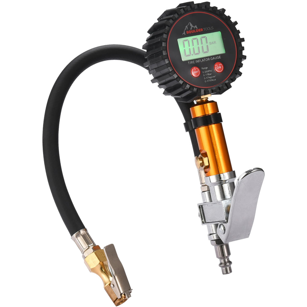 Boulder Tools tire gauge with LED display for precise readings.