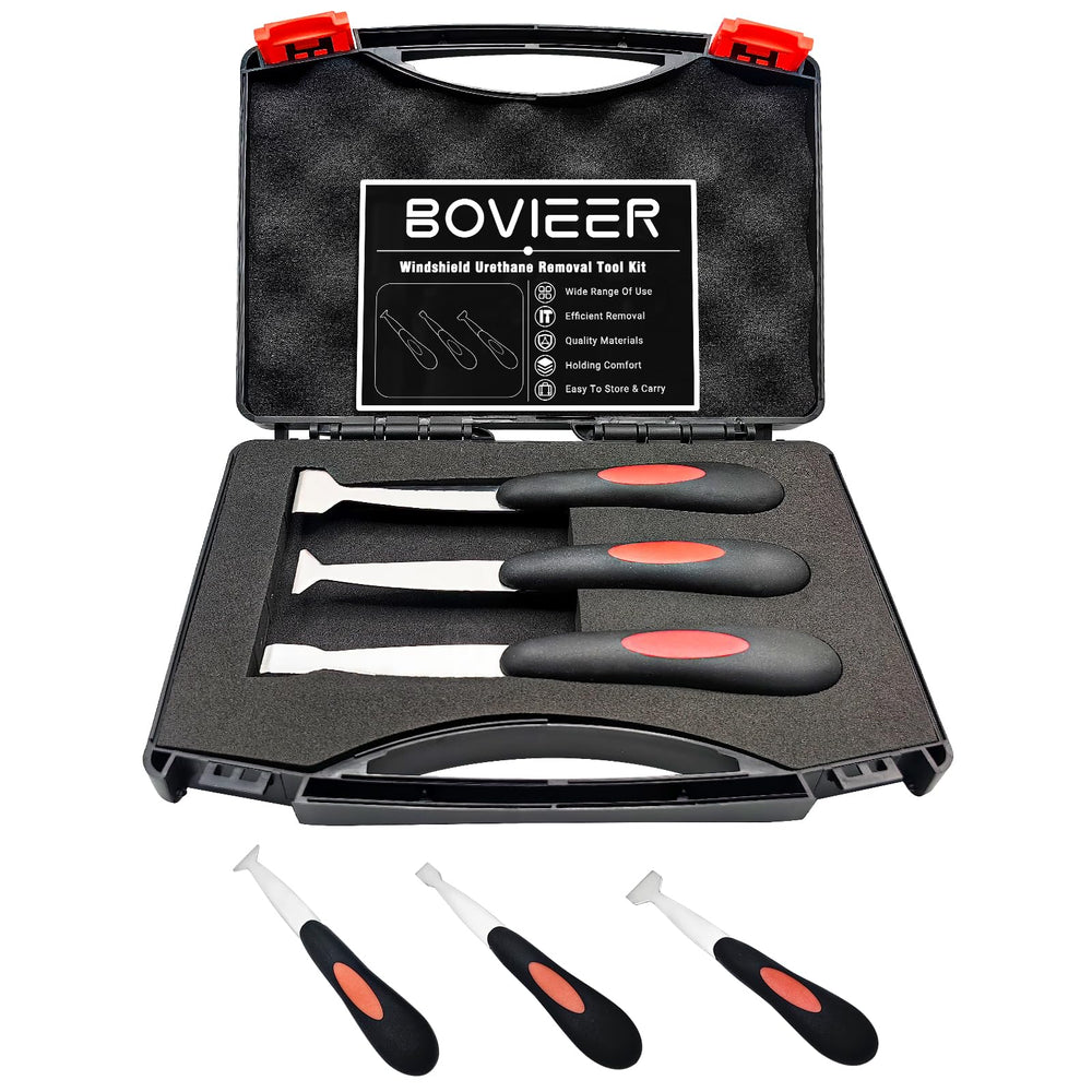 BOVIEER windshield urethane removal toolkit in its case, ideal for organized transport.