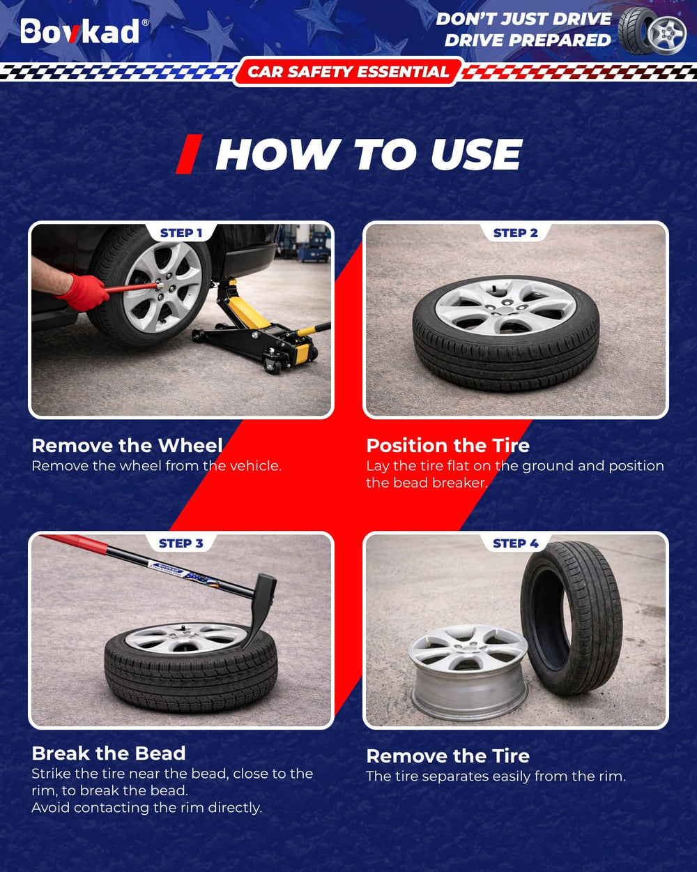 Packaging image showing Bovkad 32in tire hammer and included accessories.