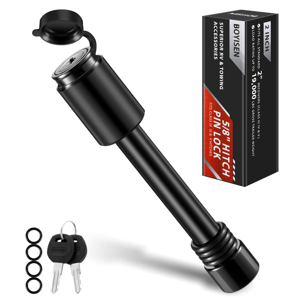 BOYISEN trailer hitch pin lock, 5/8-inch diameter, secures bike racks and ball mounts.